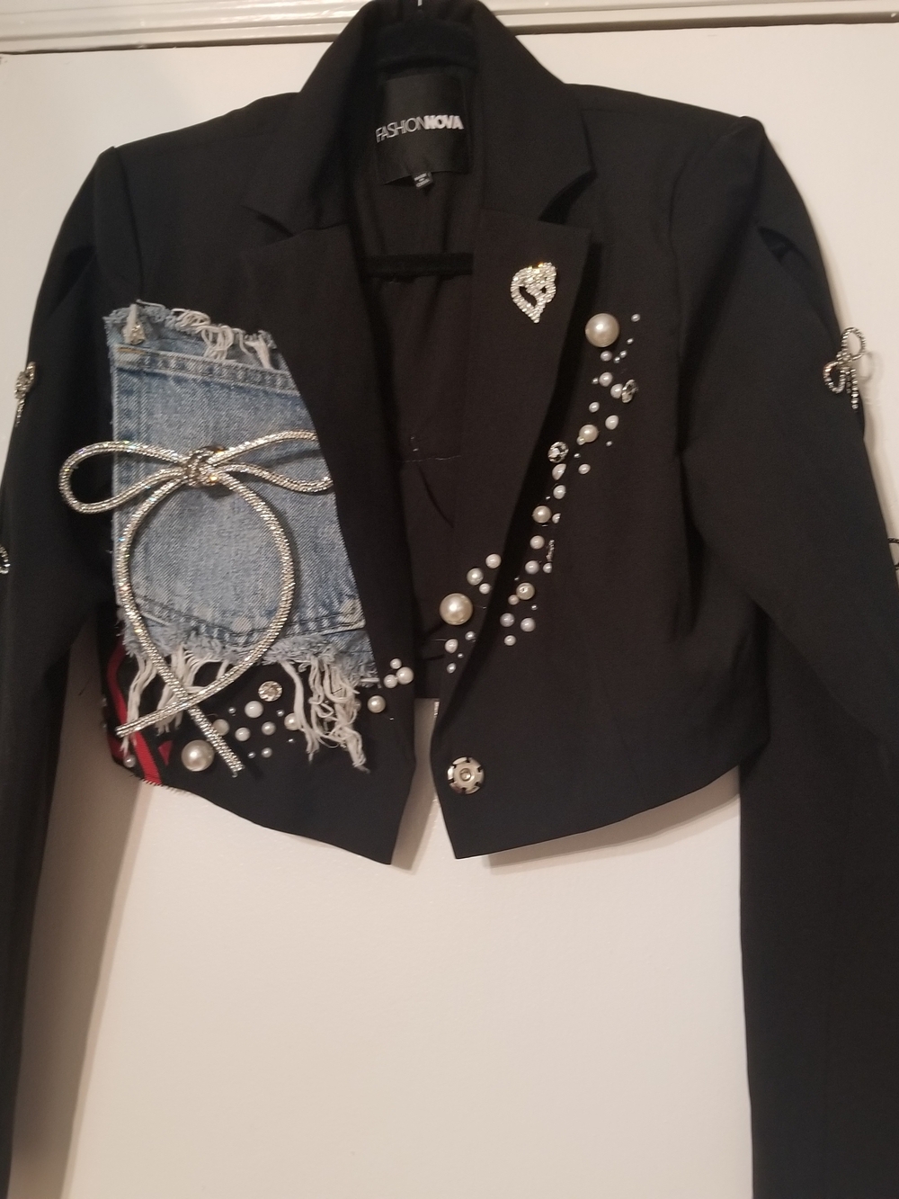 Custom Cropped Blazer- Black  Embellished Blazer Crystal Bow Denim Patch